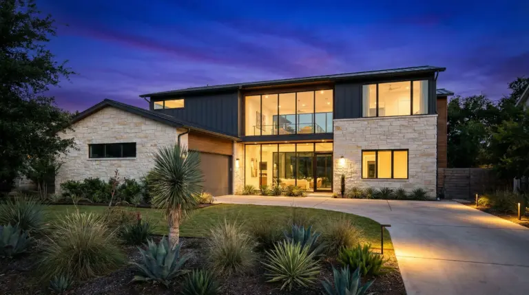 Exterior of a modern Austin home at twilight, illustrating the 2026 Austin real estate market trends and January sold statistics.