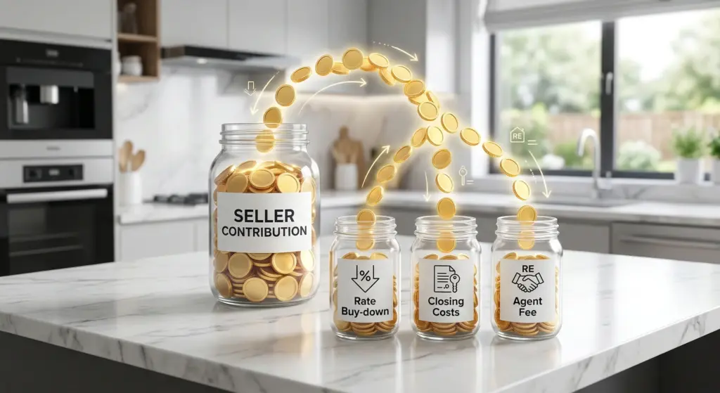 Infographic explaining Austin seller contribution buckets for interest rate buy-downs, closing costs, and buyer agent commissions.