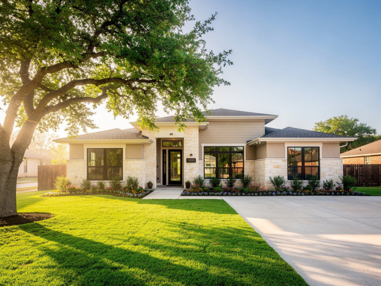 Modern Austin home exterior in spring morning light with mature oak tree and green front lawn
