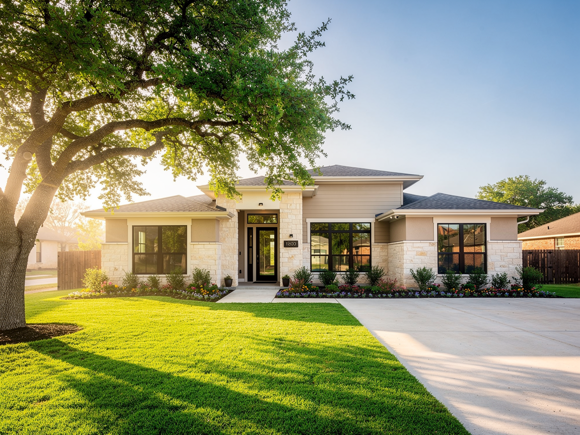 Modern Austin home exterior on a spring morning with mature oak tree and green front lawn