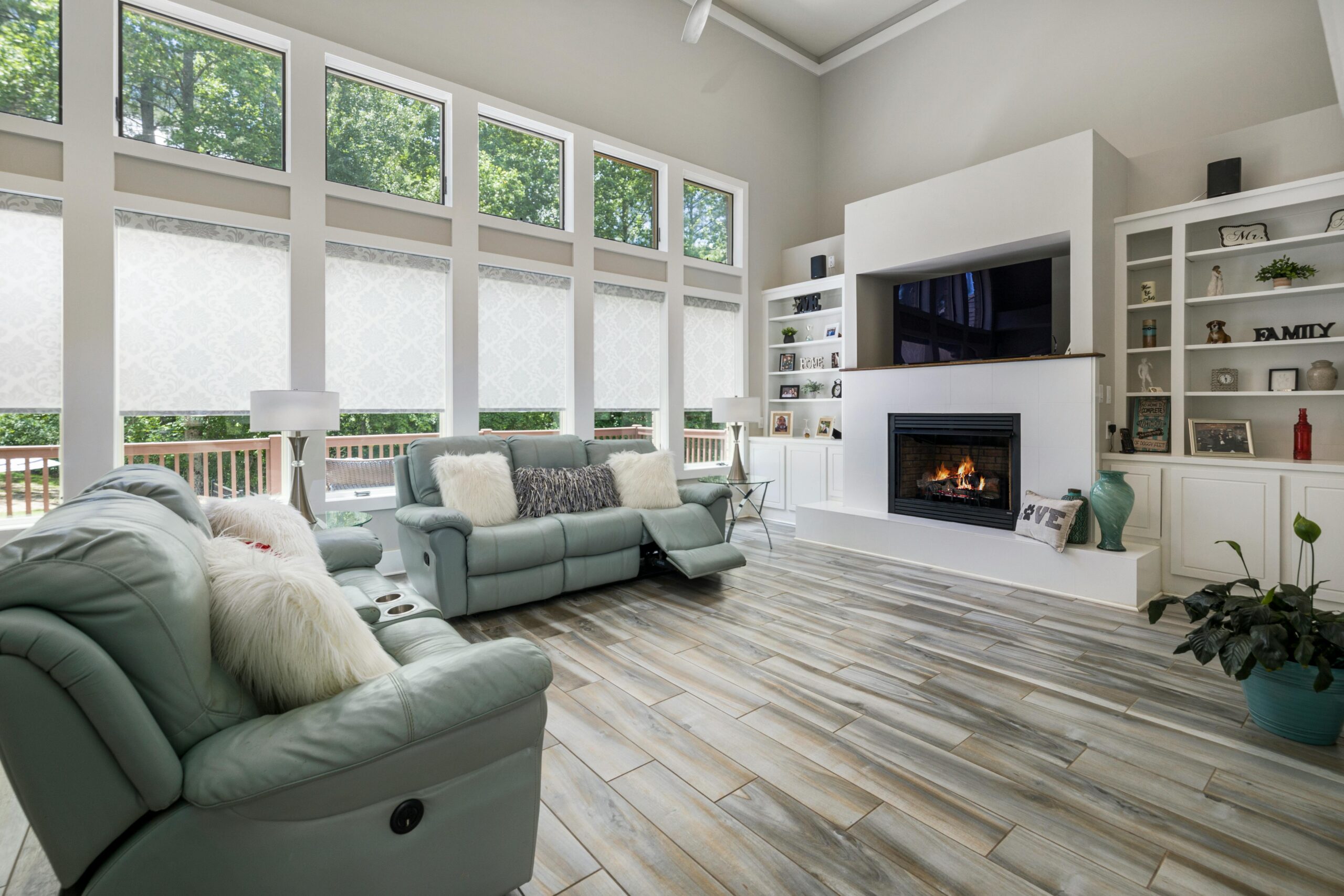 Austin Texas living room staged for home sale with warm lighting and neutral decor