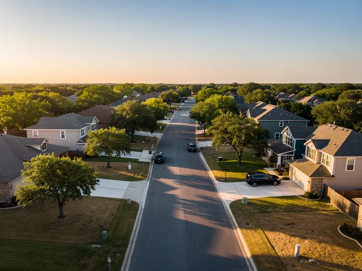 Aerial view of Austin Texas neighborhood with tree-lined streets at golden hour style=