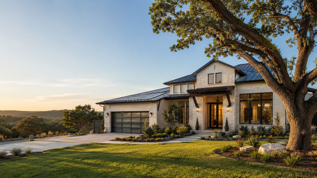 Modern Austin Texas home exterior at golden hour with mature oak tree, representing residential service contract and home warranty coverage for buyers