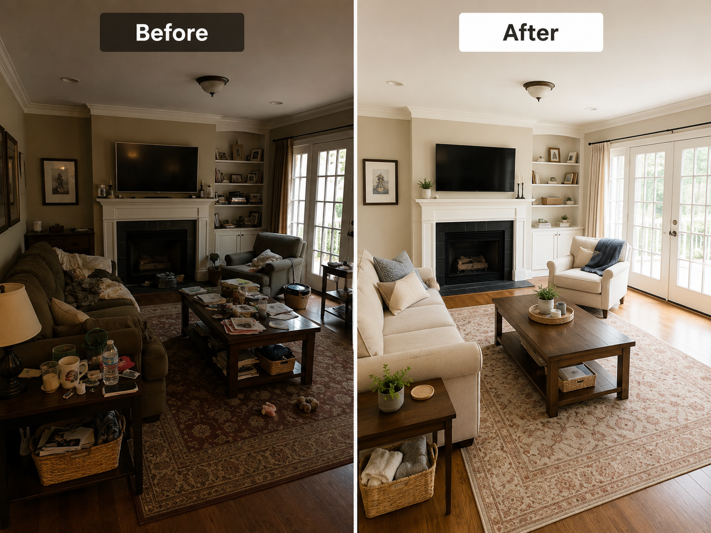 Decluttered, bright living room ready for listing photos