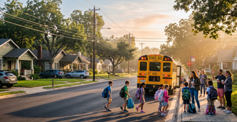 School bus on a tree-lined residential street in Northwest Austin on the first morning of the school year