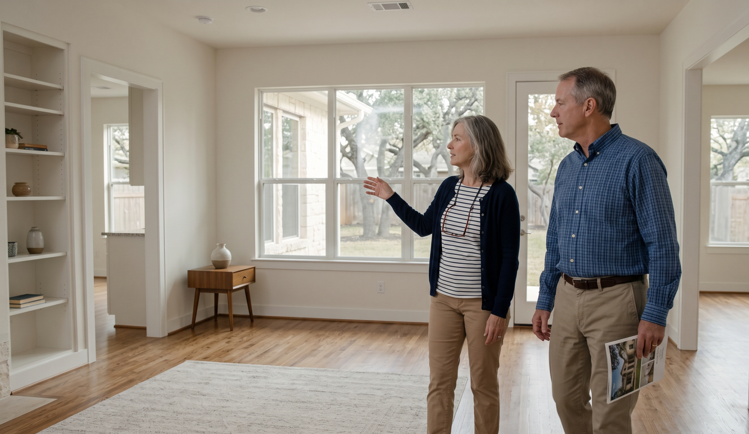 Couple without school-age children touring a Northwest Austin home on a quiet fall weekday
