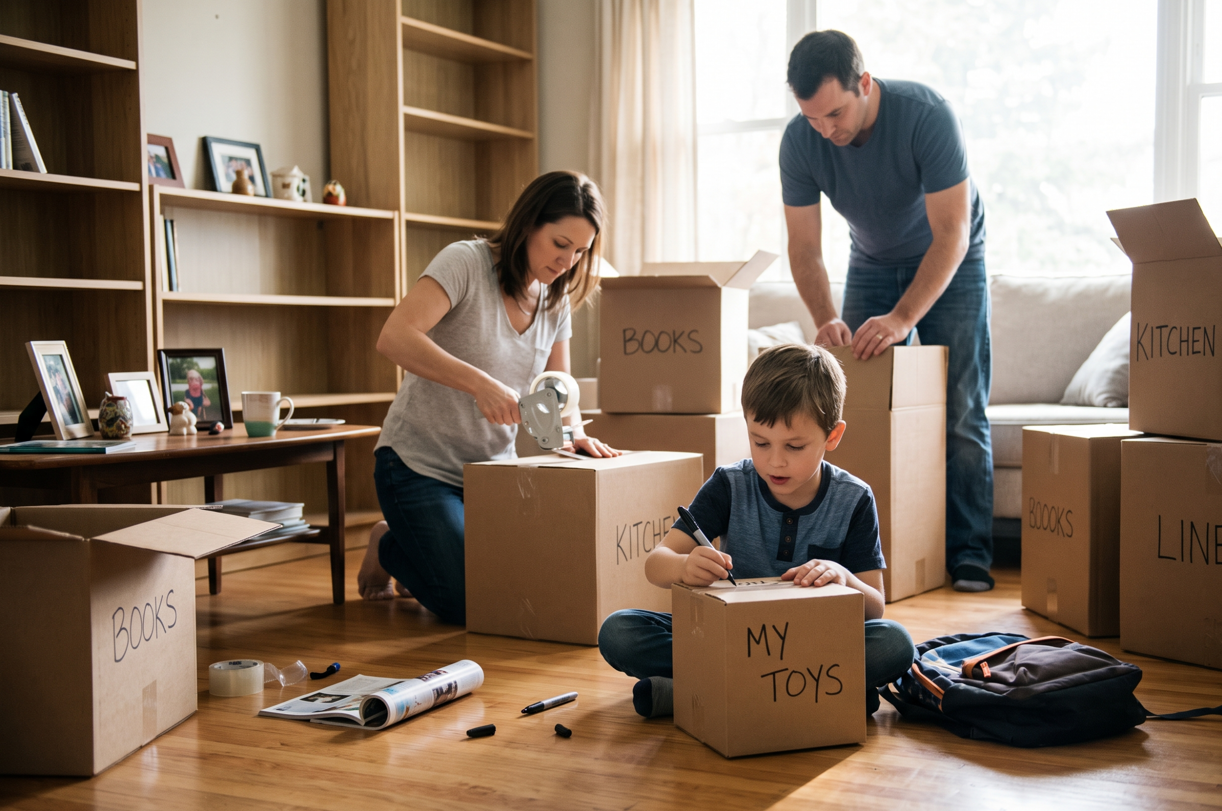 Family packing moving boxes together in the living room of an Austin home during the school year