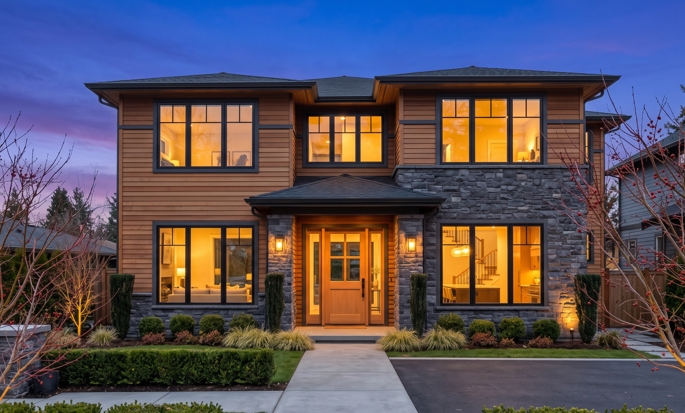 Autumn curb appeal on a Northwest Austin home with fresh landscaping and warm evening light