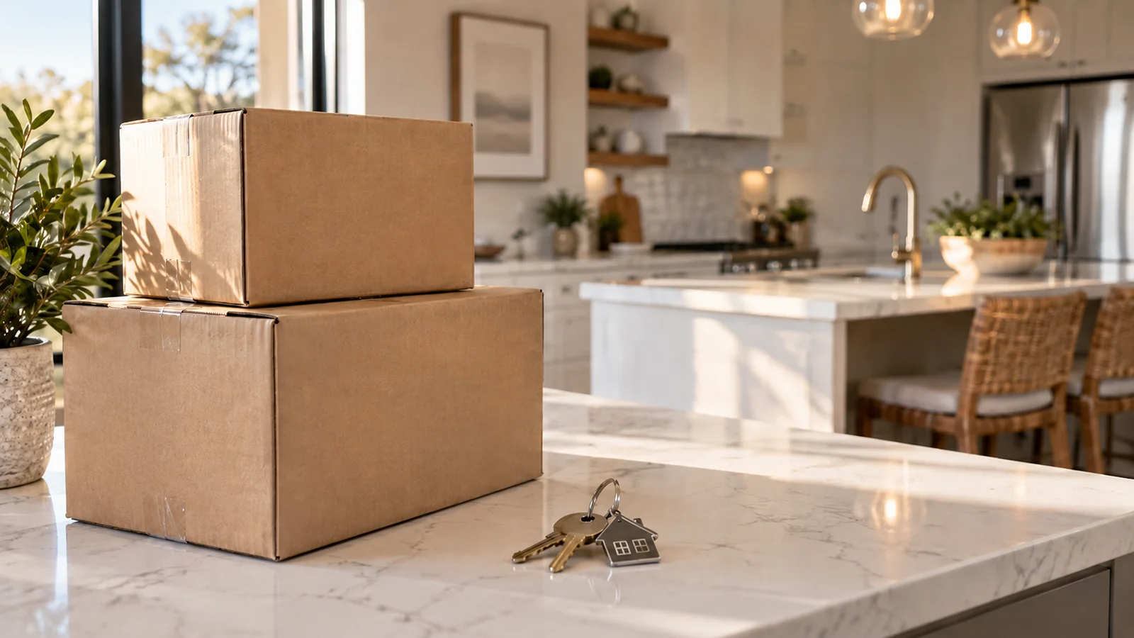 Moving boxes and house keys on a kitchen counter in a sunlit Austin home