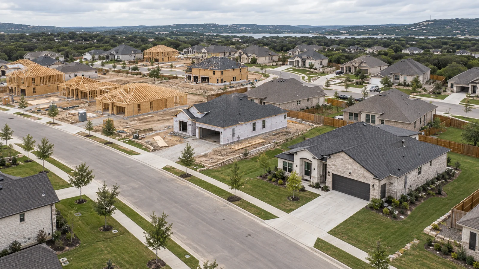 New construction homes under development in a suburban Austin subdivision
