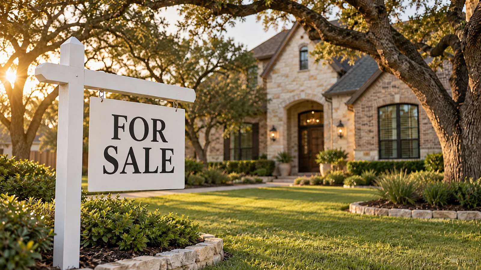Real estate for sale sign in the front yard of a suburban Austin home