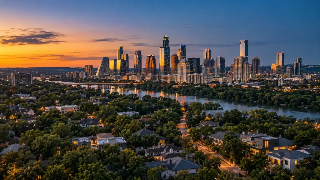Aerial view of the Austin skyline and surrounding neighborhoods at dusk