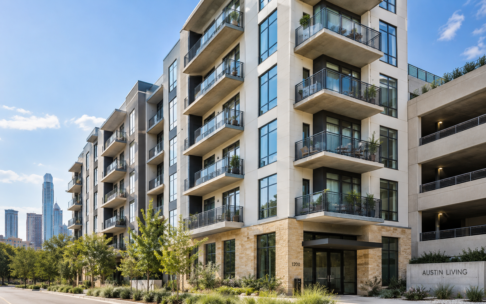 Exterior balconies on a multi-story Austin condominium building