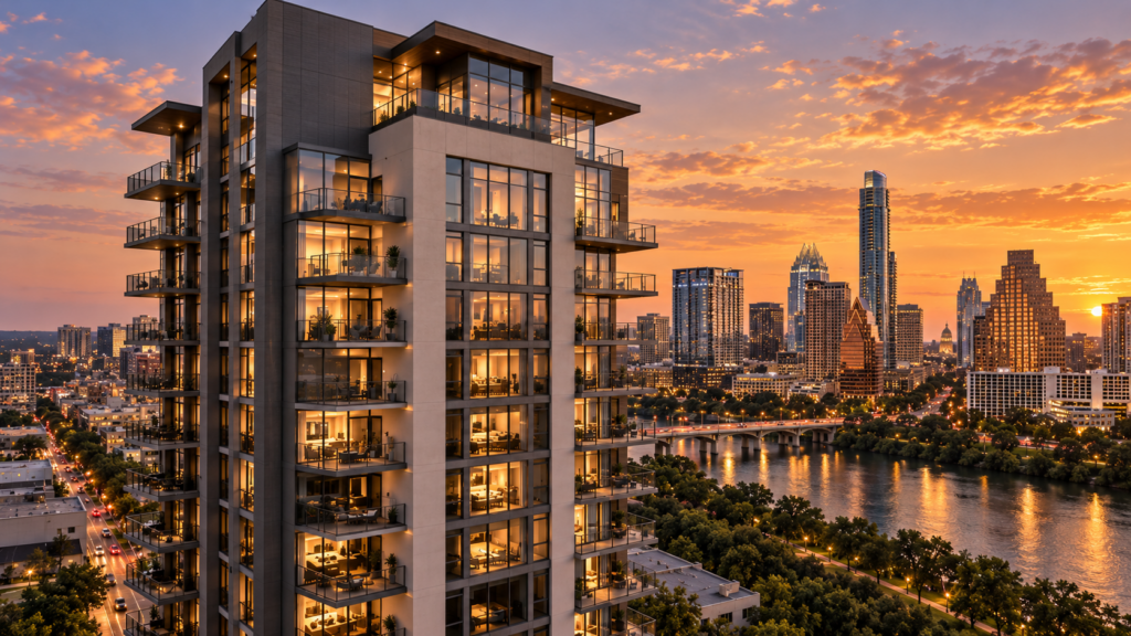 Austin condominium building at dusk