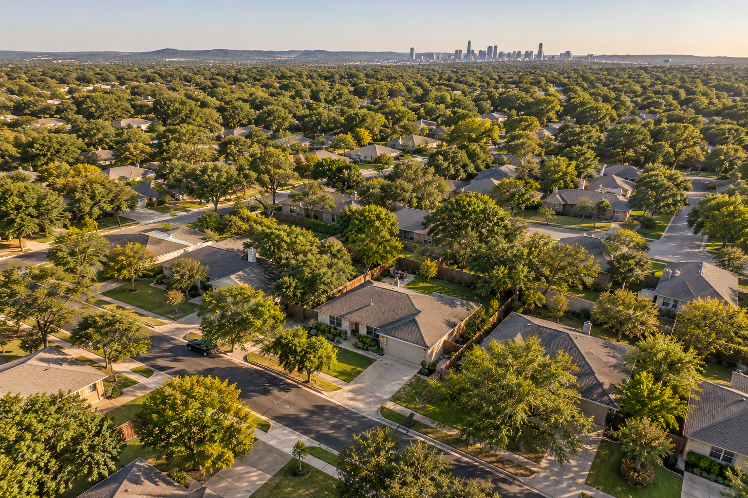 Aerial view of a home in an Austin-area neighborhood