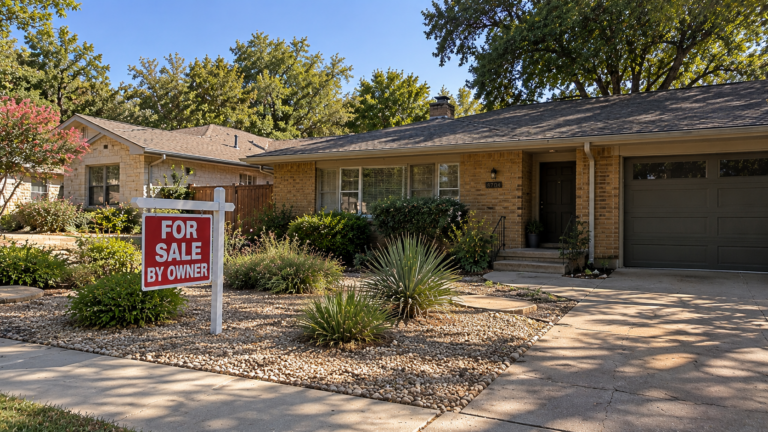 a FOR SALE BY OWNER sign in the front yard of an austin area home