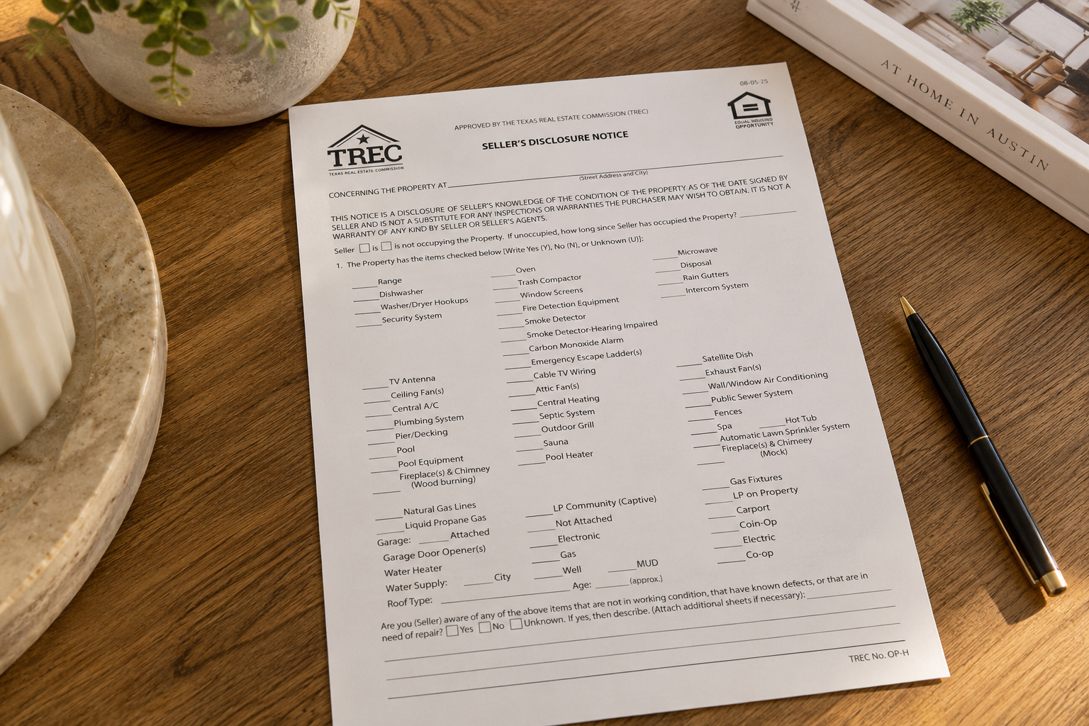 Texas seller disclosure paperwork on a table